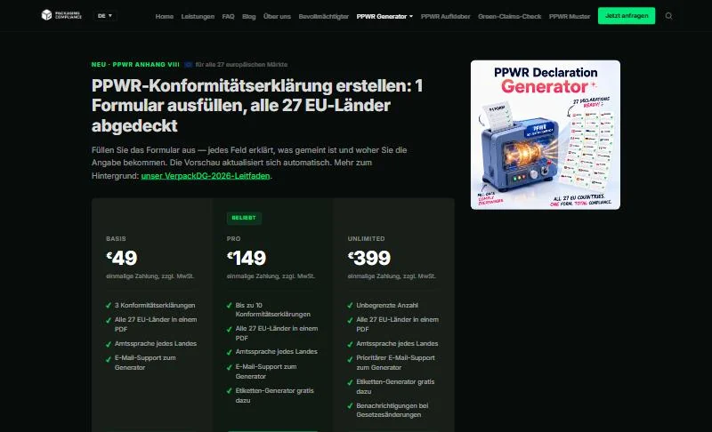 Screenshot of the PPWR declaration generator on packaging-compliance.de